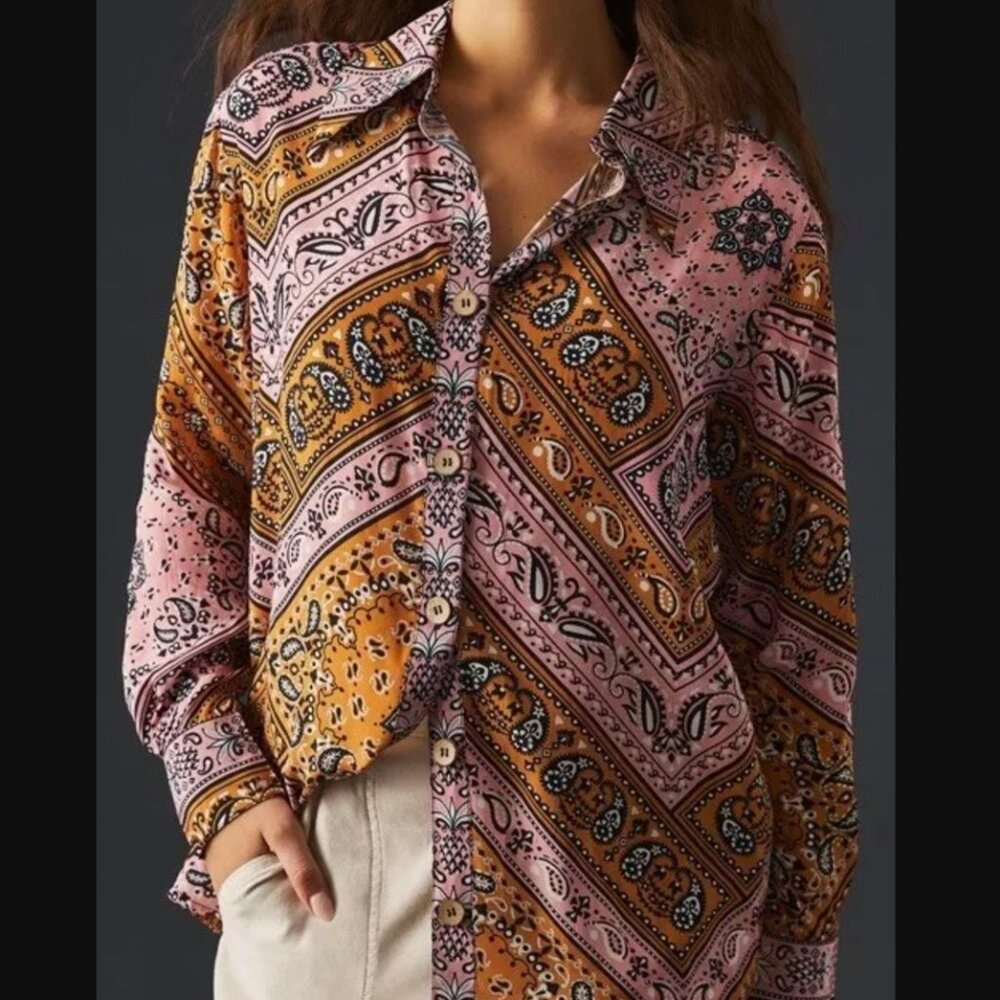 Farm Rio x Anthropologie Classic Button Down Bandana Print Blouse, Size M